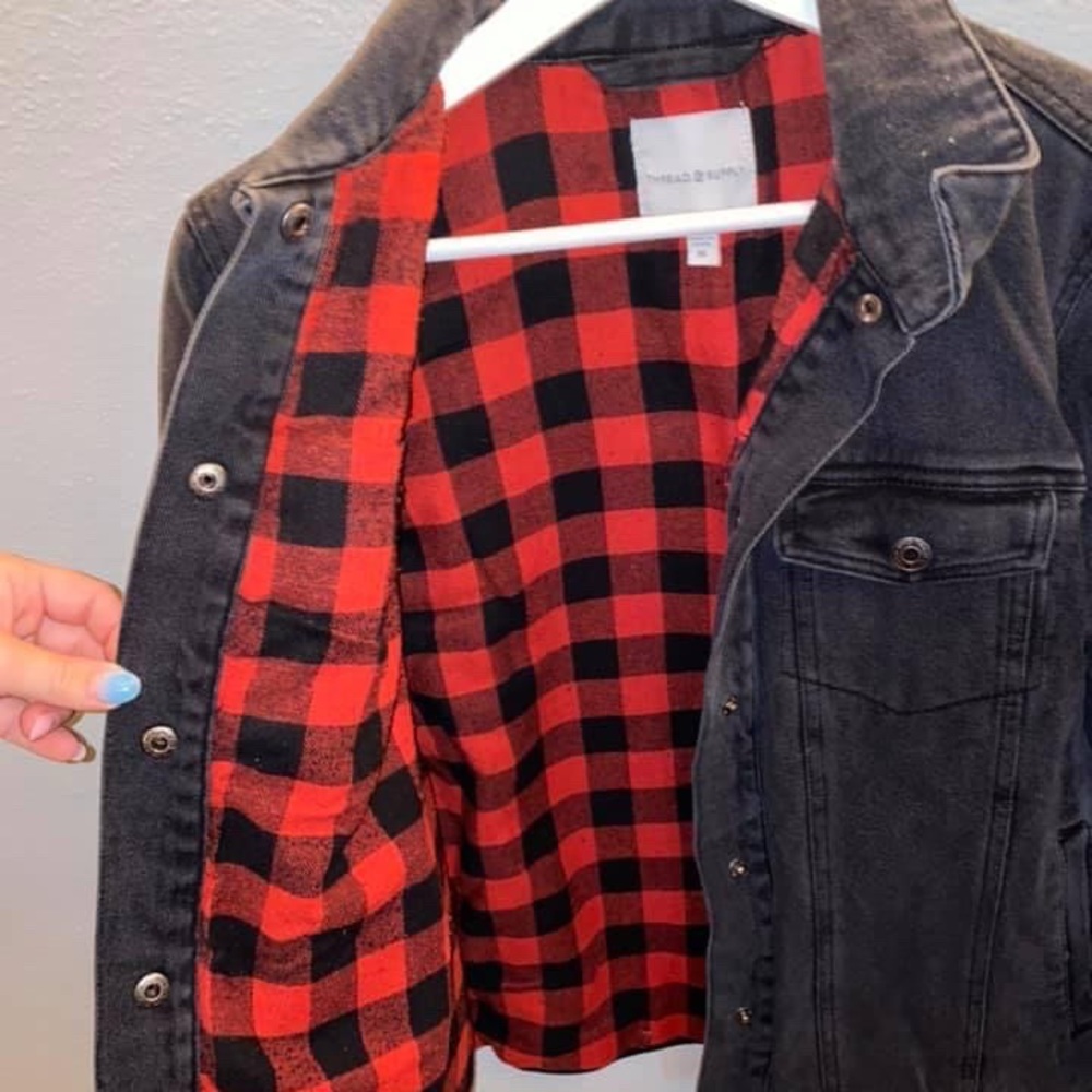 Black denim with Buffalo check inside